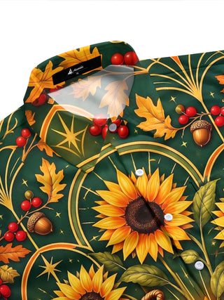 Adaychic Men's Short Sleeve Stand Collar Shirt - Thanksgiving Day Sunflowers And Cornucopia With Autumn Harvest Print with Chest Pocket