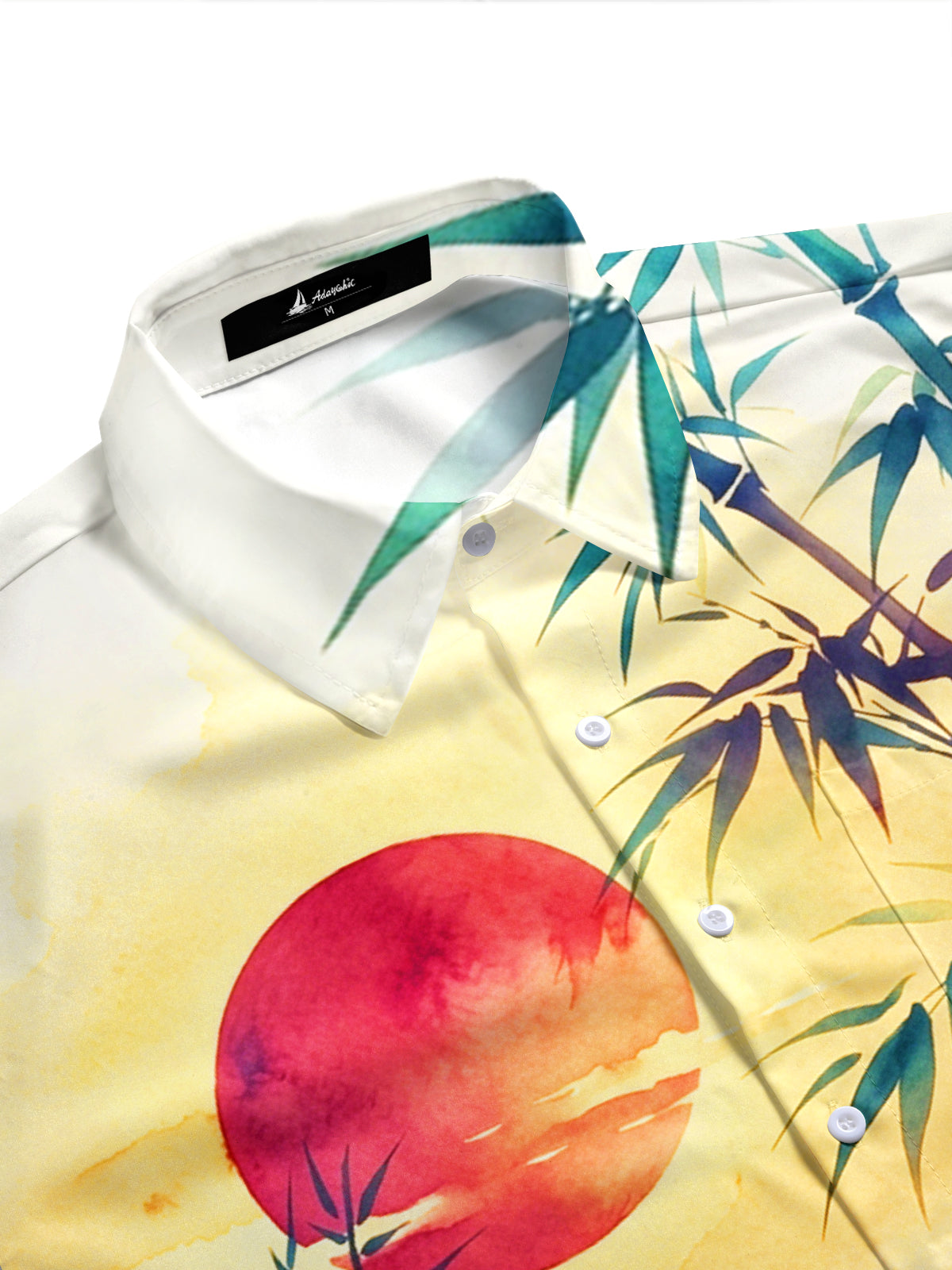 Adaychic Men's Hawaiian Bamboo Landscape With Red Sun Print Short Sleeve Shirt with Chest Pocket