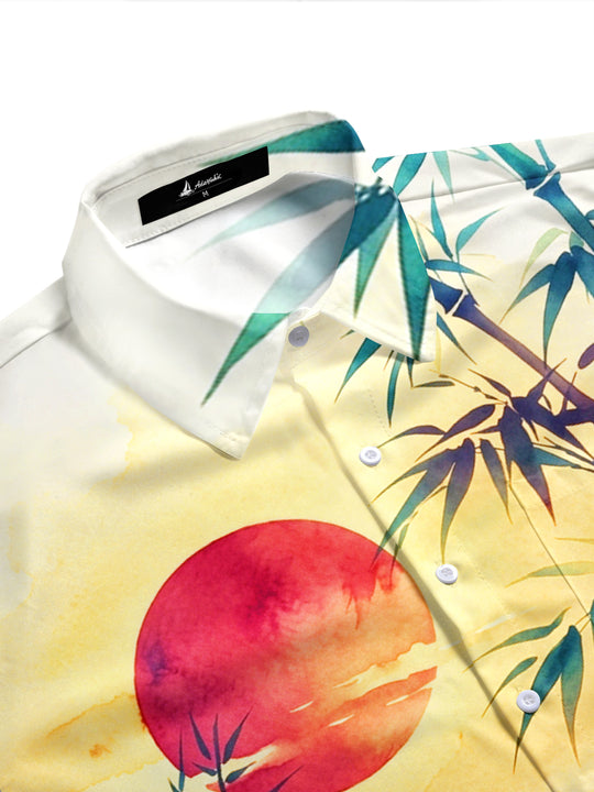 Adaychic Men's Hawaiian Bamboo Landscape With Red Sun Print Short Sleeve Shirt with Chest Pocket