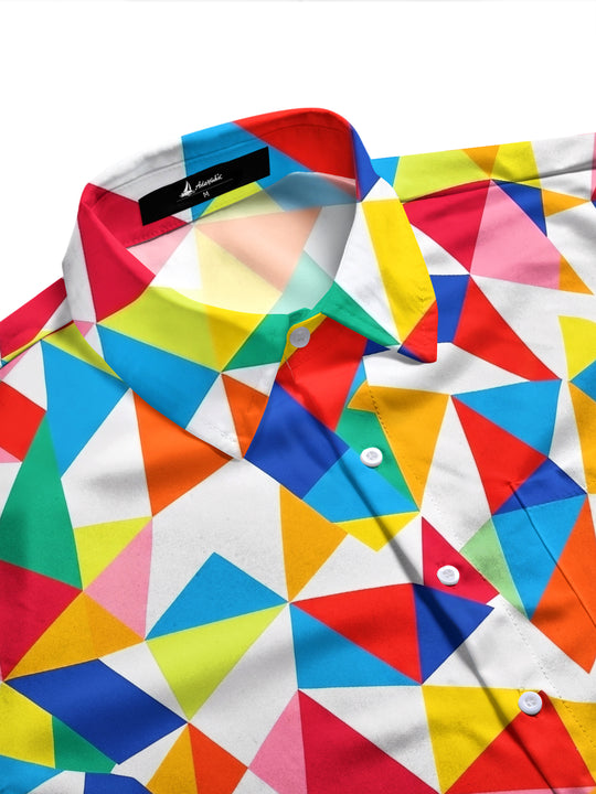 Adaychic Men's Printed Colorful Geometric Triangles Print Long Sleeve Shirt with Chest Pocket