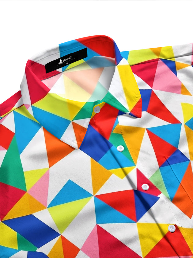 Adaychic Men's Printed Colorful Geometric Triangles Print Long Sleeve Shirt with Chest Pocket