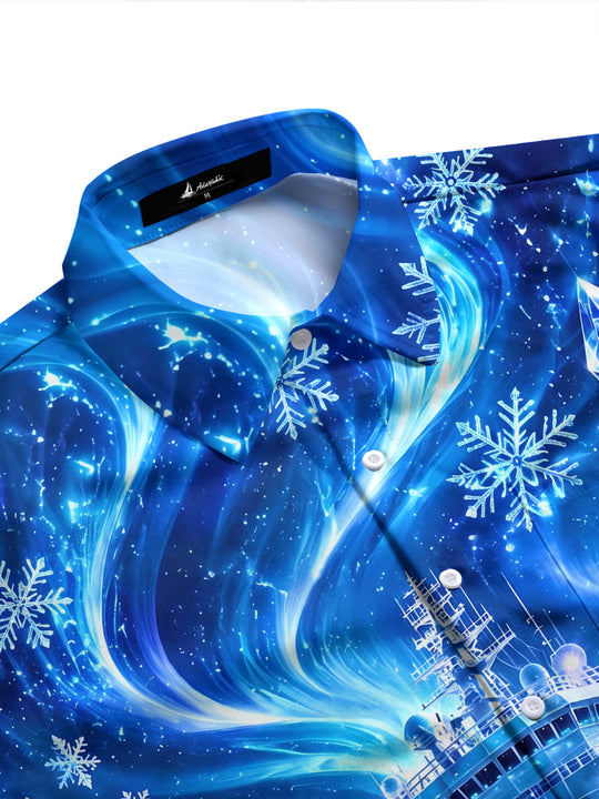 Adaychic Men's Graphic Ice Ship Print Snowflakes Print Long Sleeve Shirt with Chest Pocket