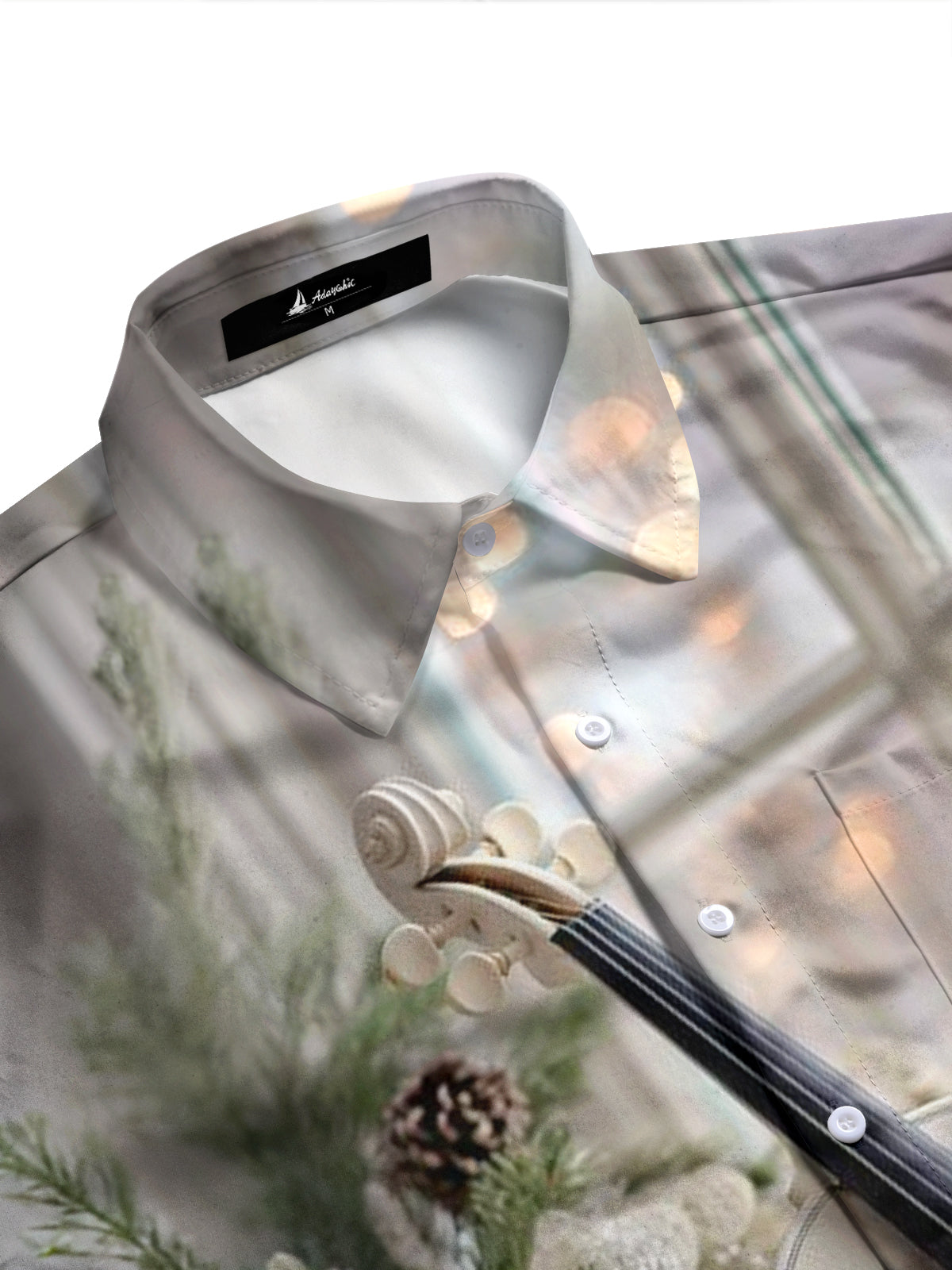 Adaychic Men's Printed White Violin Print Long Sleeve Shirt with Chest Pocket