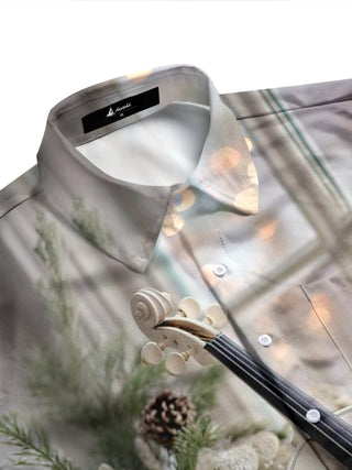 Adaychic Men's Printed White Violin Print Long Sleeve Shirt with Chest Pocket