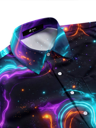 Adaychic Men's Long Sleeve Shirt - Abstract Cosmic Nebula And Swirling Colors Print with Chest Pocket
