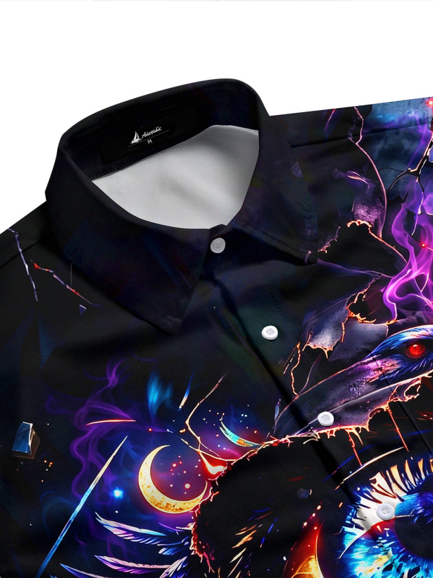Adaychic Men's Graphic Mystic Raven And Cosmic Eye Print Short Sleeve Shirt with Chest Pocket
