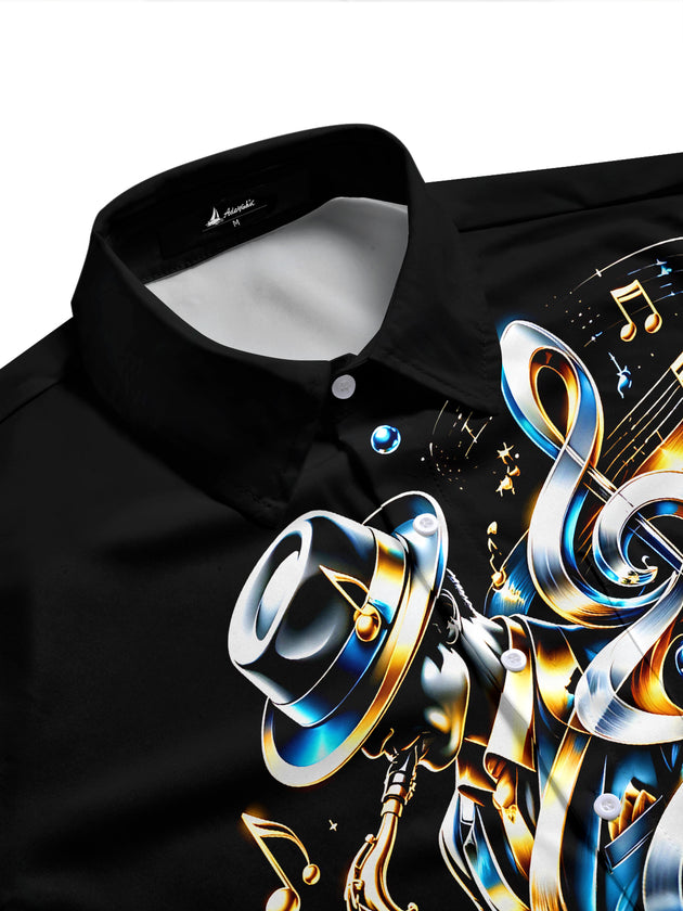 Adaychic Men's Graphic Jazz Saxophone Player Print Short Sleeve Shirt with Chest Pocket