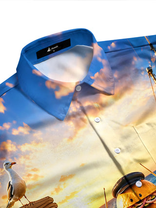 Adaychic Men's Graphic Burger Band Print Long Sleeve Shirt with Chest Pocket