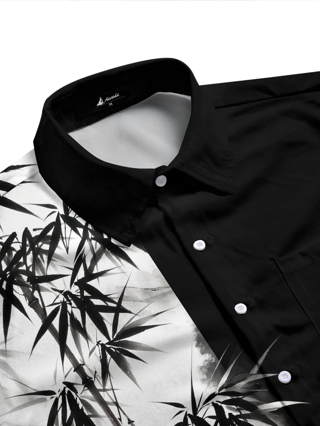 Adaychic Men's Ink Painting Bamboo And Mountains Print Long Sleeve Shirt with Chest Pocket