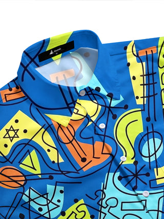 Adaychic Men's Graphic Abstract Geometric Guitar Print Short Sleeve Shirt with Chest Pocket