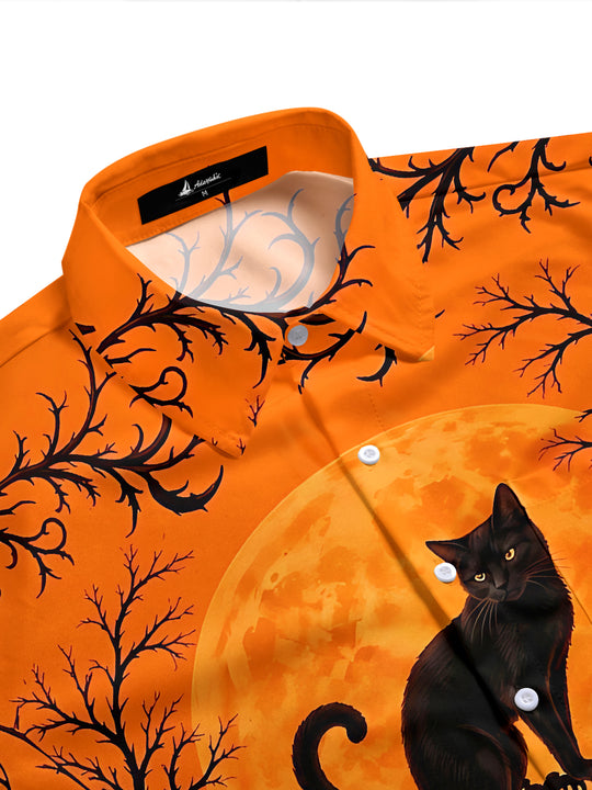 Adaychic Men's Short Sleeve Shirt - Halloween Black Cat On Lantern With Moon And Trees Print with Chest Pocket