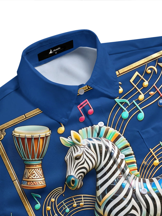 Adaychic Men's Graphic Zebra Drummer Print Short Sleeve Shirt with Chest Pocket