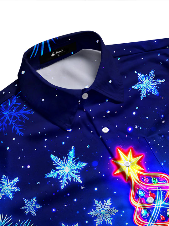 Adaychic Men's Long Sleeve Shirt - Neon Light Spiral Christmas Tree With Ornaments Print with Chest Pocket