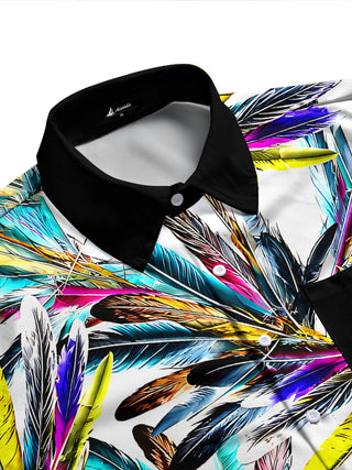 Adaychic Men's Graphic Colorful Feather Print Long Sleeve Shirt with Chest Pocket
