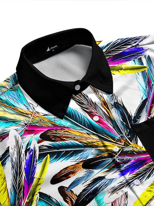 Adaychic Men's Graphic Colorful Feather Print Long Sleeve Shirt with Chest Pocket