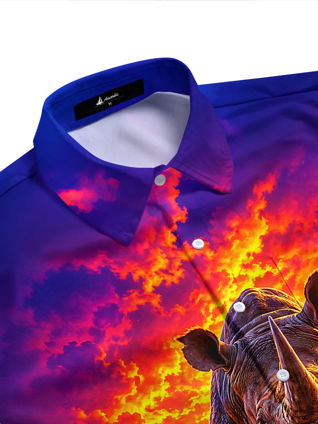 Adaychic Men's Hawaiian Rhino Sunset Landscape Print Short Sleeve Shirt with Chest Pocket