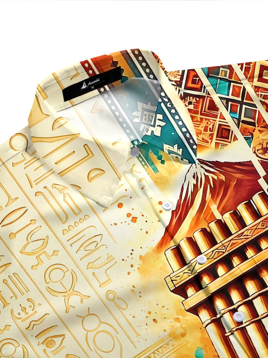Adaychic Men's Printed Pan Flute Print Short Sleeve Shirt with Chest Pocket