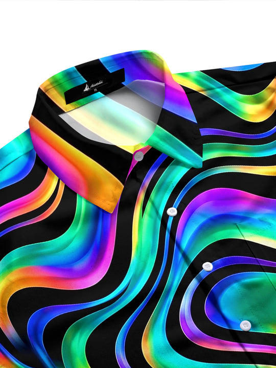 Adaychic Men's Printed Neon Abstract Wavy Lines Print Long Sleeve Shirt with Chest Pocket
