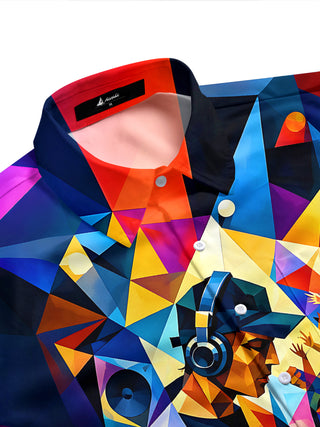 Adaychic Men's Graphic Geometric DJ Print Party Crowd Print Short Sleeve Shirt with Chest Pocket