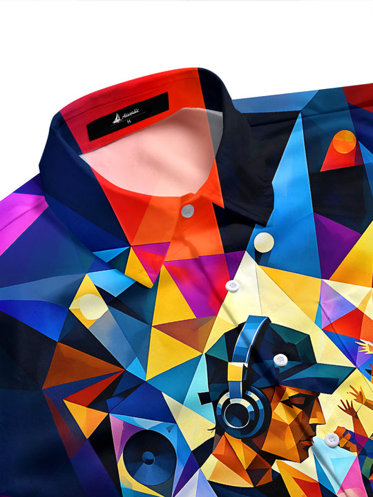 Adaychic Men's Graphic Geometric DJ Print Party Crowd Print Short Sleeve Shirt with Chest Pocket