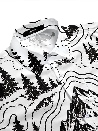 Adaychic Men's Short Sleeve Shirt - Mountain Landscape With Pine Trees And Topographic Lines Print with Chest Pocket