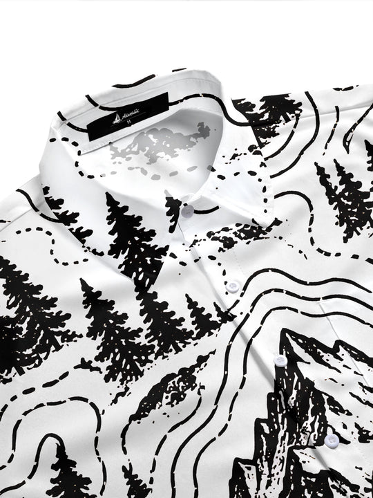 Adaychic Men's Short Sleeve Shirt - Mountain Landscape With Pine Trees And Topographic Lines Print with Chest Pocket