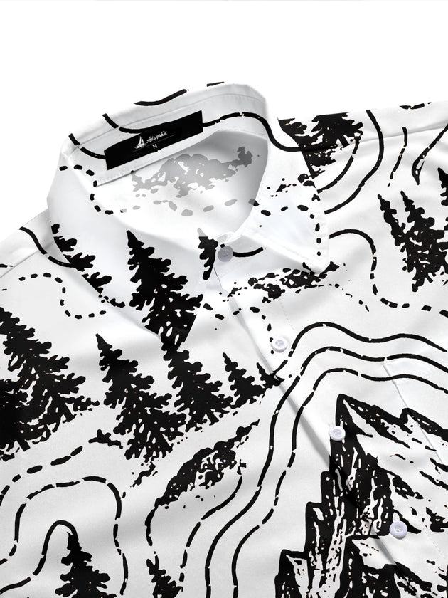 Adaychic Men's Short Sleeve Shirt - Mountain Landscape With Pine Trees And Topographic Lines Print with Chest Pocket