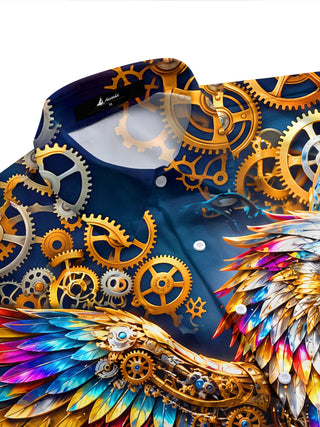 Adaychic Men's Short Sleeve Shirt - Steampunk Eagle With Gears And Colorful Feathers Print with Chest Pocket