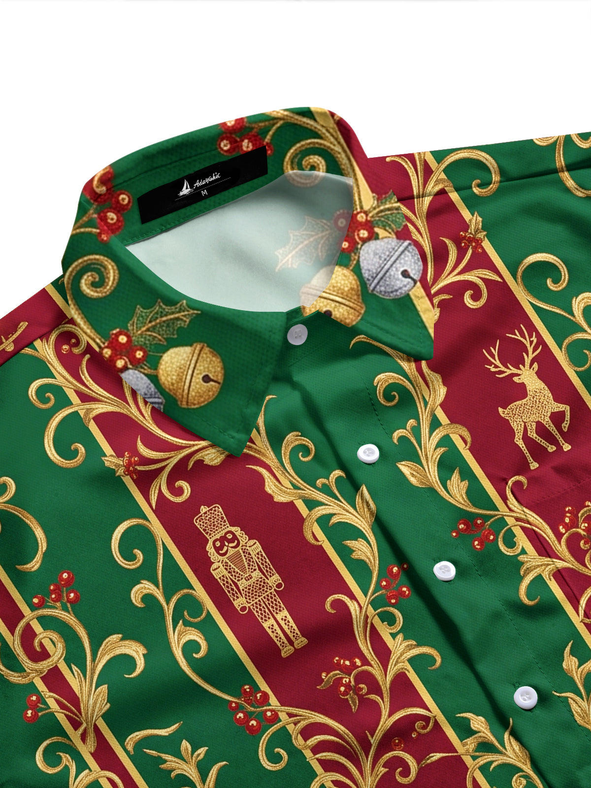 Adaychic Men's Long Sleeve Shirt - Christmas Nutcracker Reindeer Sleigh And Clock Motif Print with Chest Pocket