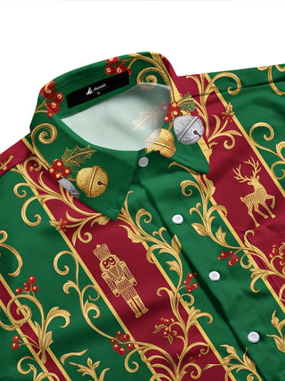 Adaychic Men's Long Sleeve Shirt - Christmas Nutcracker Reindeer Sleigh And Clock Motif Print with Chest Pocket