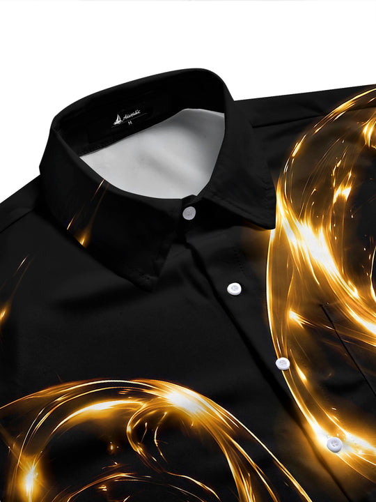 Adaychic Men's Patterned Abstract Golden Swirls Print Short Sleeve Shirt with Chest Pocket