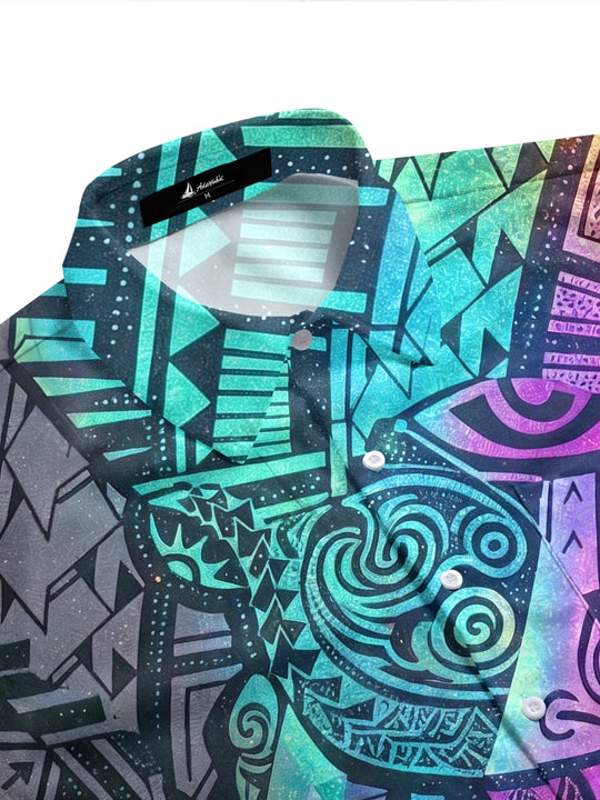 Adaychic Men's Hawaiian Tribal Geometric Pattern Short Sleeve Shirt with Chest Pocket