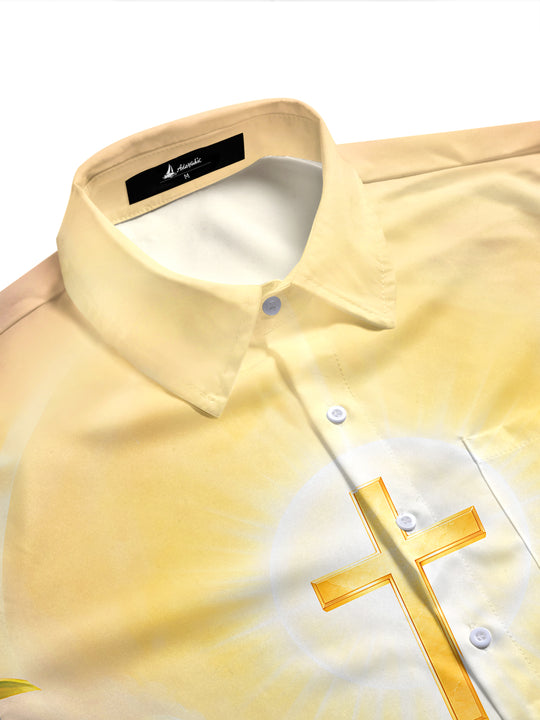 Adaychic Men's Golden Cross And Praying Figures Print Short Sleeve Shirt with Chest Pocket