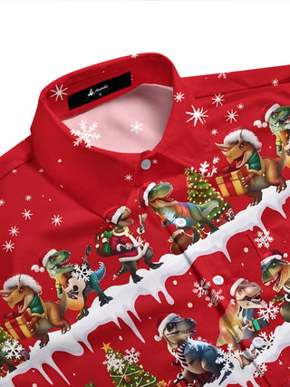 Adaychic Men's Hawaiian Christmas Dinosaur Print Short Sleeve Shirt with Chest Pocket