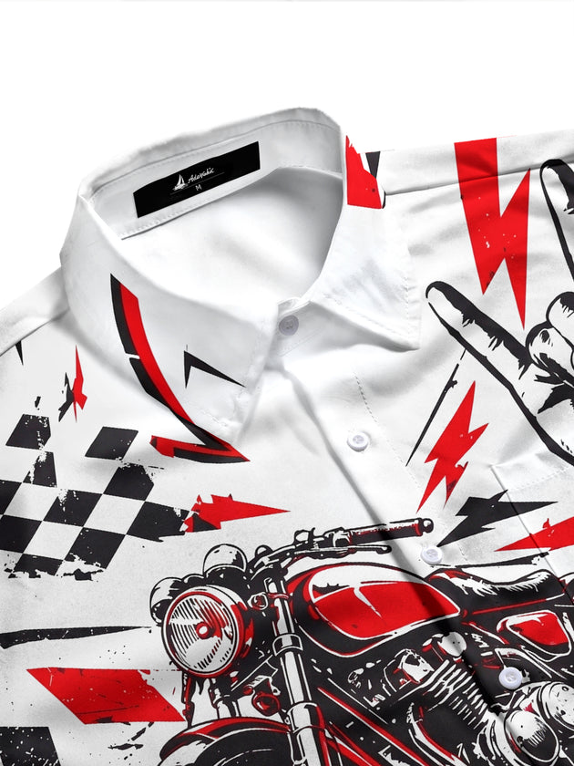 Adaychic Men's Graphic Motorcycle Print Electric Guitar Print Long Sleeve Shirt with Chest Pocket