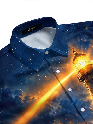 Adaychic Men's Hawaiian Lighthouse Night Scene Print Short Sleeve Shirt with Chest Pocket