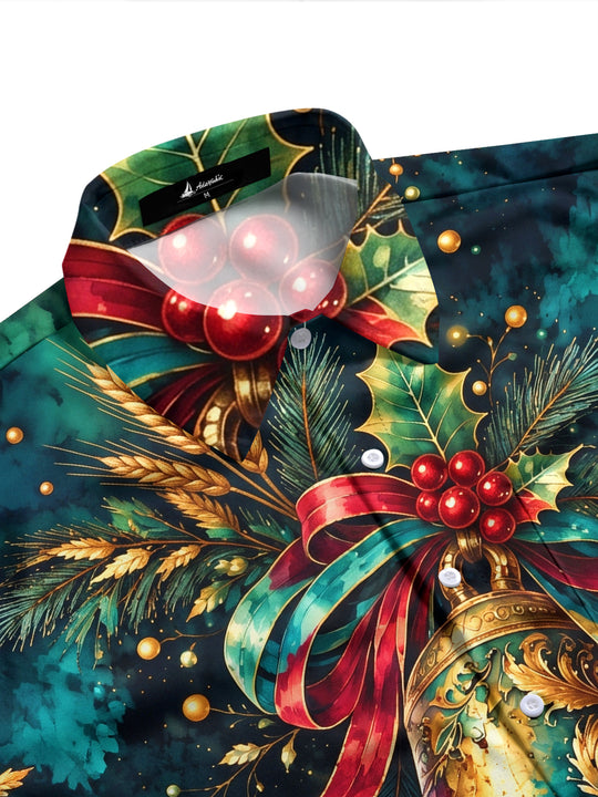 Adaychic Men's Hawaiian Christmas Bells And Holly Print Long Sleeve Shirt with Chest Pocket
