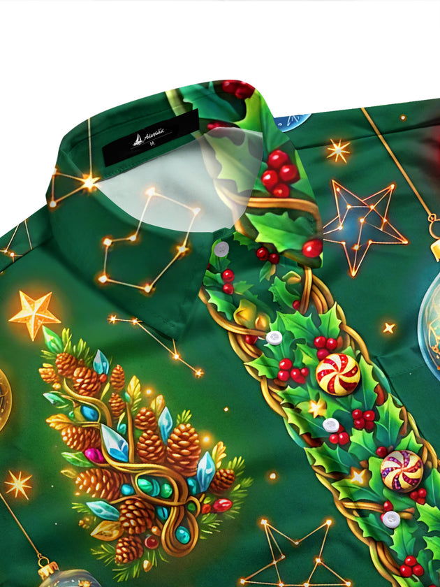 Adaychic Men's Graphic Christmas Trees And Ornaments Print Long Sleeve Shirt with Chest Pocket