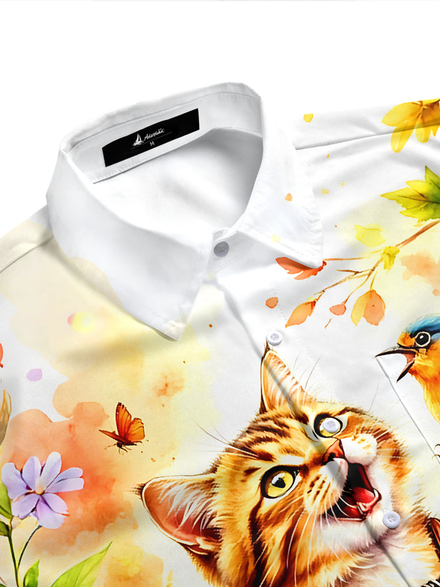 Adaychic Men's Graphic Cat Playing Accordion Print Short Sleeve Shirt with Chest Pocket
