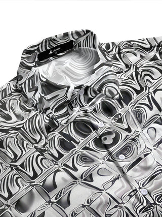 Adaychic Men's Patterned Distorted Liquid Squares Print Long Sleeve Shirt with Chest Pocket