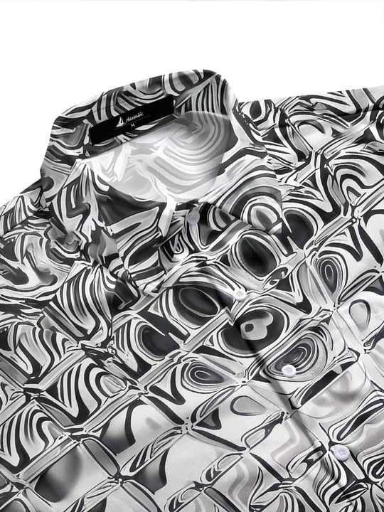 Adaychic Men's Patterned Distorted Liquid Squares Print Long Sleeve Shirt with Chest Pocket