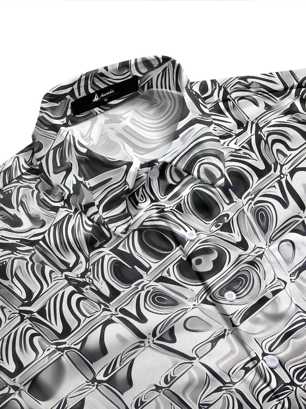 Adaychic Men's Patterned Distorted Liquid Squares Print Long Sleeve Shirt with Chest Pocket