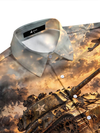 Adaychic Men's Graphic Military Tank And Aircraft Print Short Sleeve Shirt with Chest Pocket