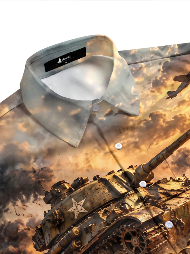 Adaychic Men's Graphic Military Tank And Aircraft Print Short Sleeve Shirt with Chest Pocket