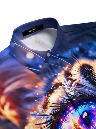 Adaychic Men's Graphic Cat Eye Print Christmas Fantasy Print Short Sleeve Shirt with Chest Pocket