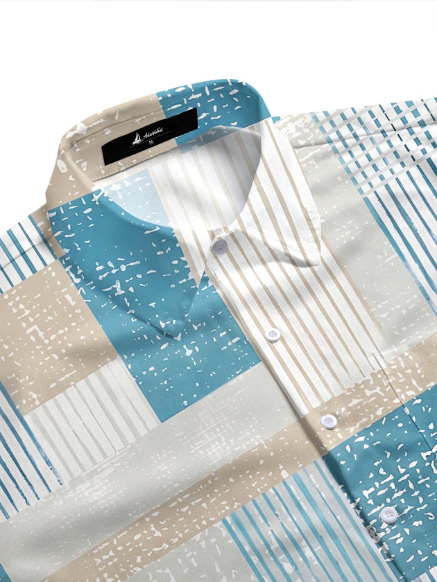 Adaychic Men's Striped Geometric Patchwork Stripes Print Short Sleeve Shirt with Chest Pocket