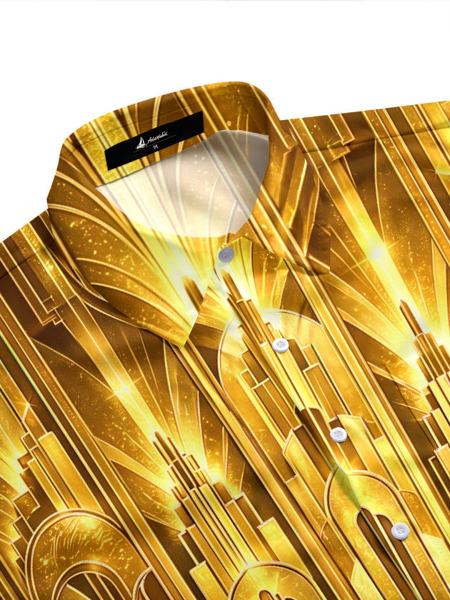 Adaychic Men's Short Sleeve Shirt - Art Deco Geometric Gold Lines And Arches Print with Chest Pocket