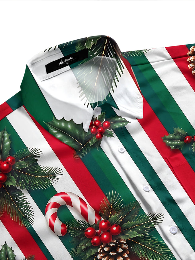 Adaychic Men's Christmas Candy Canes And Pine Cones Print Long Sleeve Shirt with Chest Pocket