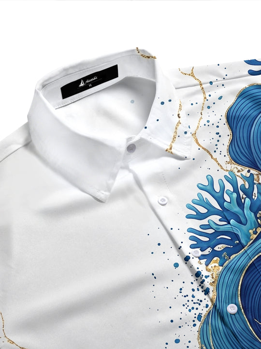 Adaychic Men's Hawaiian Ocean Wave Print Coral Reef Print Short Sleeve Shirt with Chest Pocket