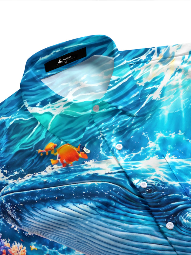 Adaychic Men's Hawaiian Blue Whale And Coral Reef Print Short Sleeve Shirt with Chest Pocket
